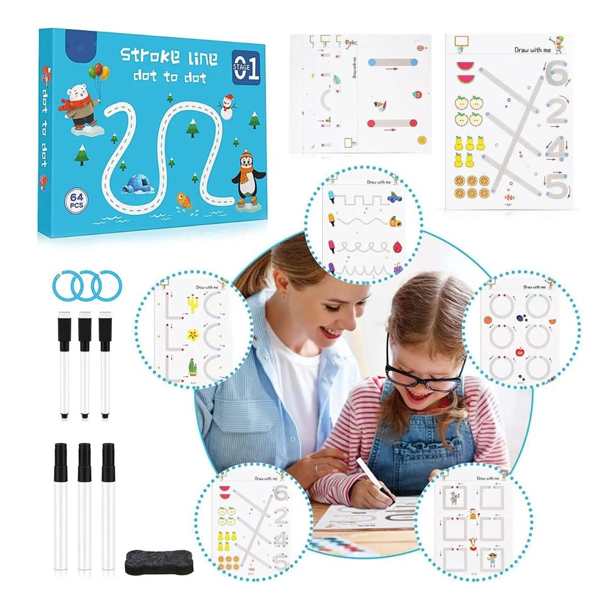GENERICO - Libro De Trazos Educativo Reutilizable 64pág Para Niños