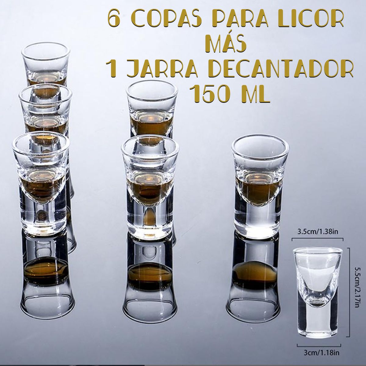 GENERICO - SET 6 COPAS Y JARRA DECANTADOR VIDRIO 150ML LICOR TRAGOS CORTO CHUPITO