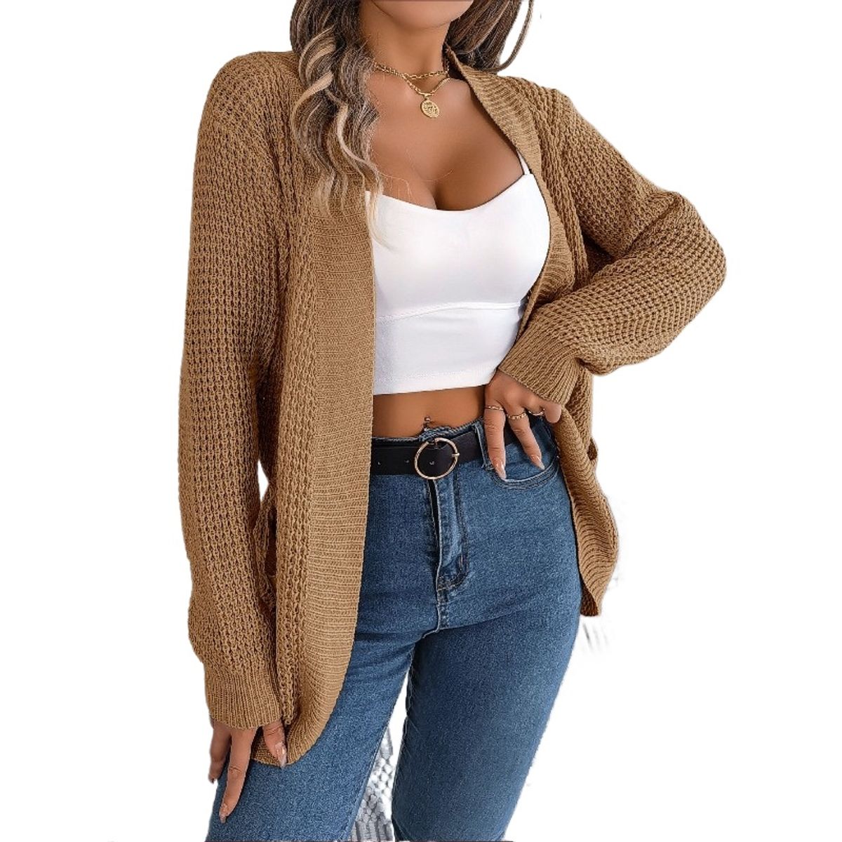 TIOZONEY - Cárdigan de punto de manga larga