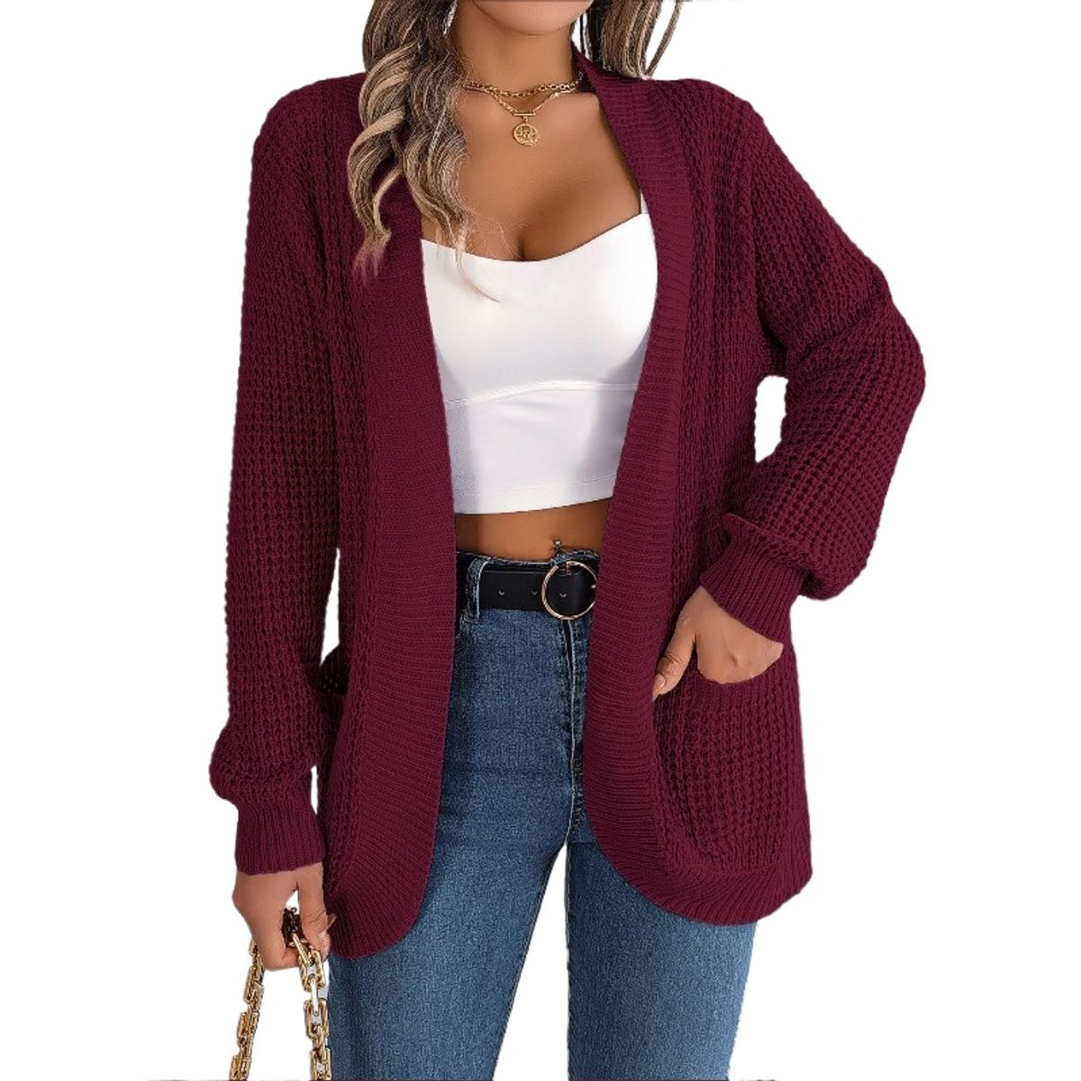 TIOZONEY - Cárdigan de punto de manga larga
