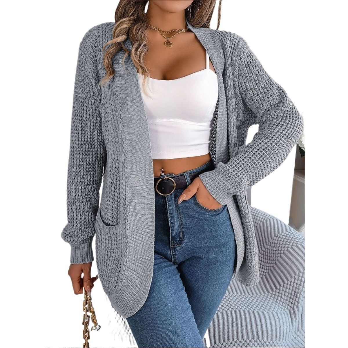 TIOZONEY - Cárdigan de punto de manga larga