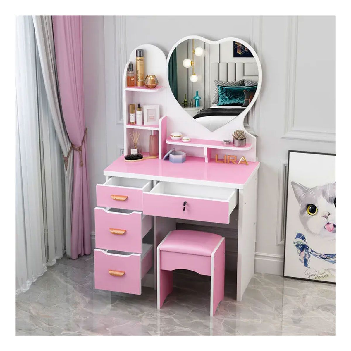 GENERICO - Tocador De Maquillaje Con Espejo Taburete Para Dormitorio Cora Rosado