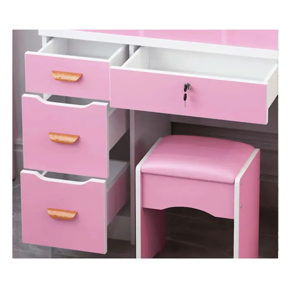 GENERICO - Tocador De Maquillaje Con Espejo Taburete Para Dormitorio Cora Rosado