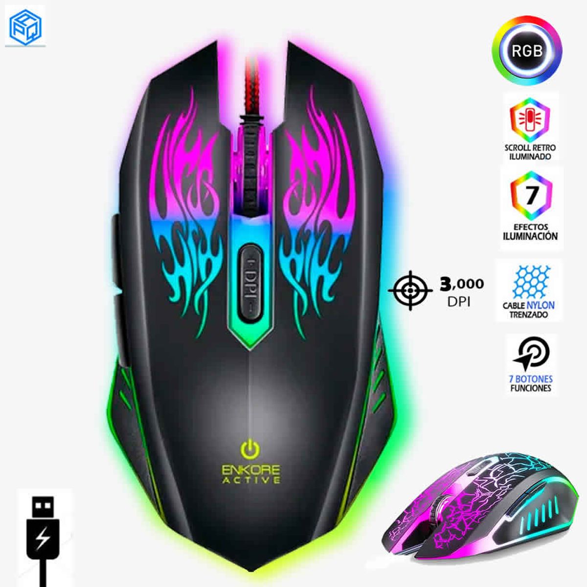 ENKORE - Mouse Gamer ENKORE Active EKM300 USB LED - 3200 Dpi