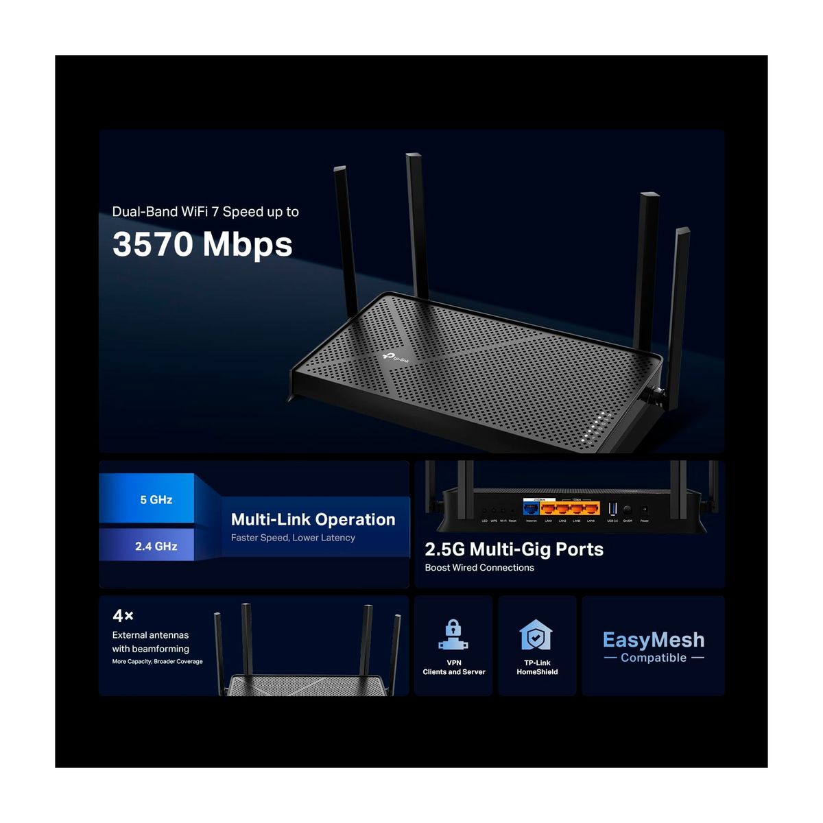 TP LINK - ROUTER TP-LINK WIFI7 24GHZ-688MBPS- 5GHZ-2882MBPS PN ARCHER BE230