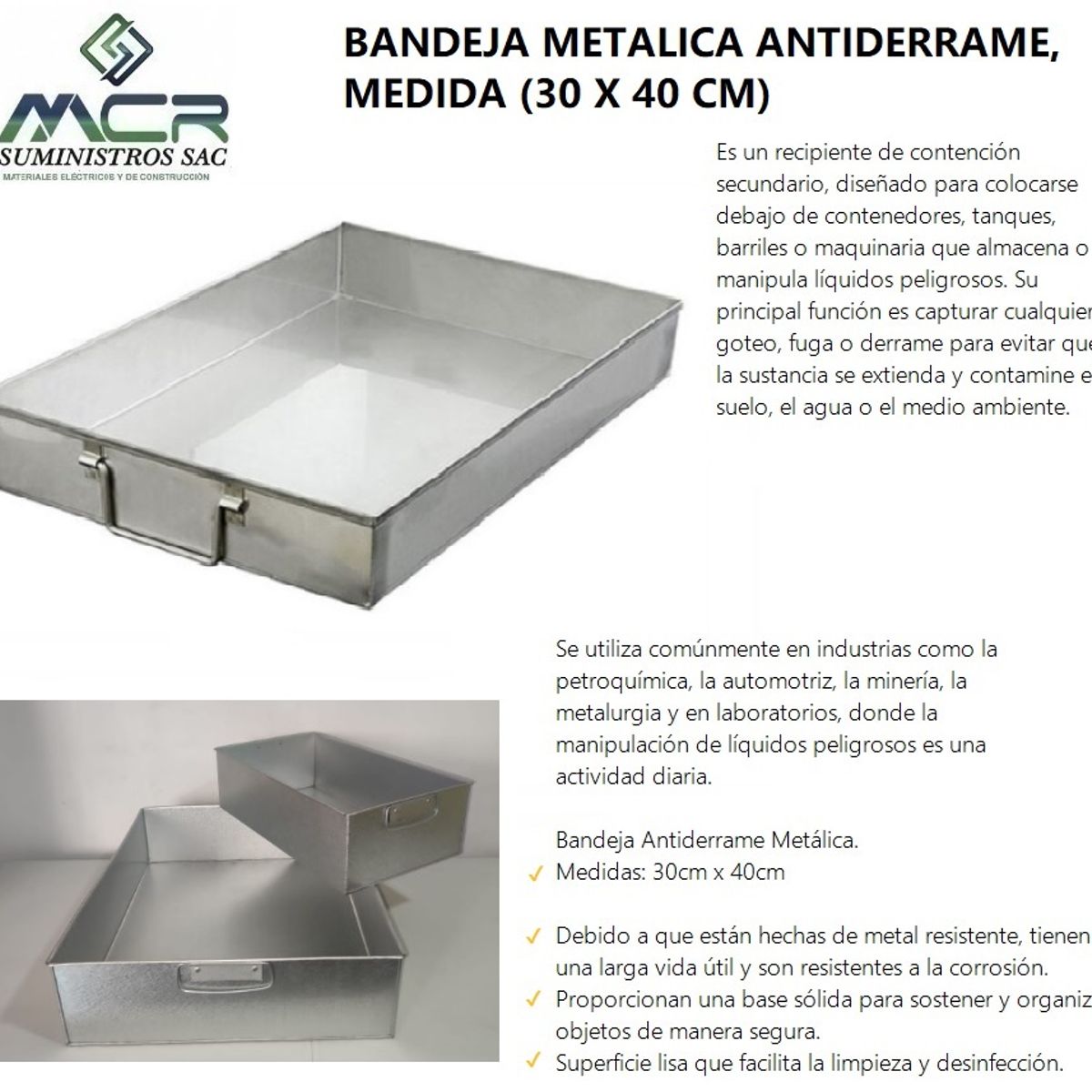 GENERICO - BANDEJA METALICA ANTIDERRAME (30 X 40 CM)