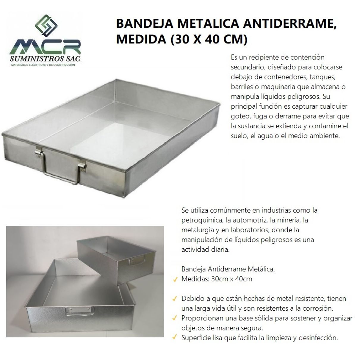 GENERICO - BANDEJA METALICA ANTIDERRAME (30 X 40 CM)