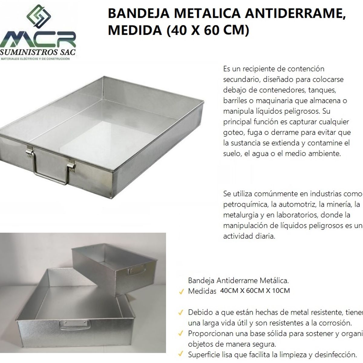 GENERICO - BANDEJA METALICA ANTIDERRAME (40 X 60 CM)