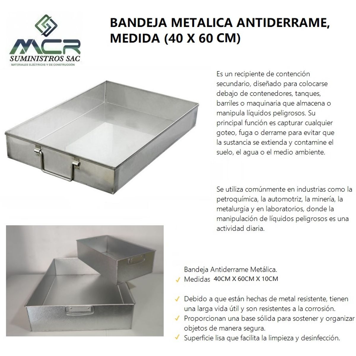 GENERICO - BANDEJA METALICA ANTIDERRAME (40 X 60 CM)