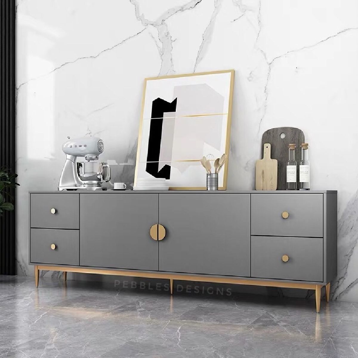 TU MESITA - Aparador Moderno Grace 2 Puertas 4 Cajones Color Gris Oscuro TU MESITA