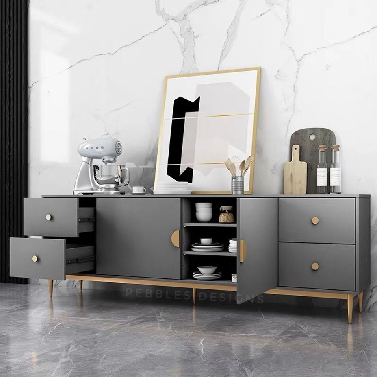 TU MESITA - Aparador Moderno Grace 2 Puertas 4 Cajones Color Gris Oscuro TU MESITA