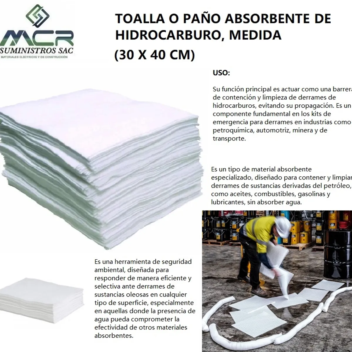 GENERICO - TOALLA O PAÑO ABSORBENTE DE HIDROCARBUROS MEDIDA 30 X 40CM