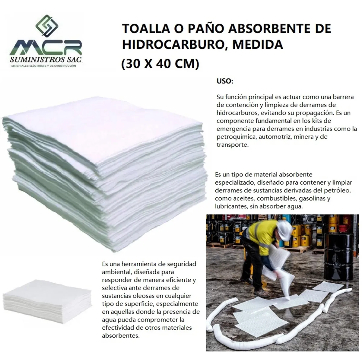 GENERICO - TOALLA O PAÑO ABSORBENTE DE HIDROCARBUROS MEDIDA 30 X 40CM