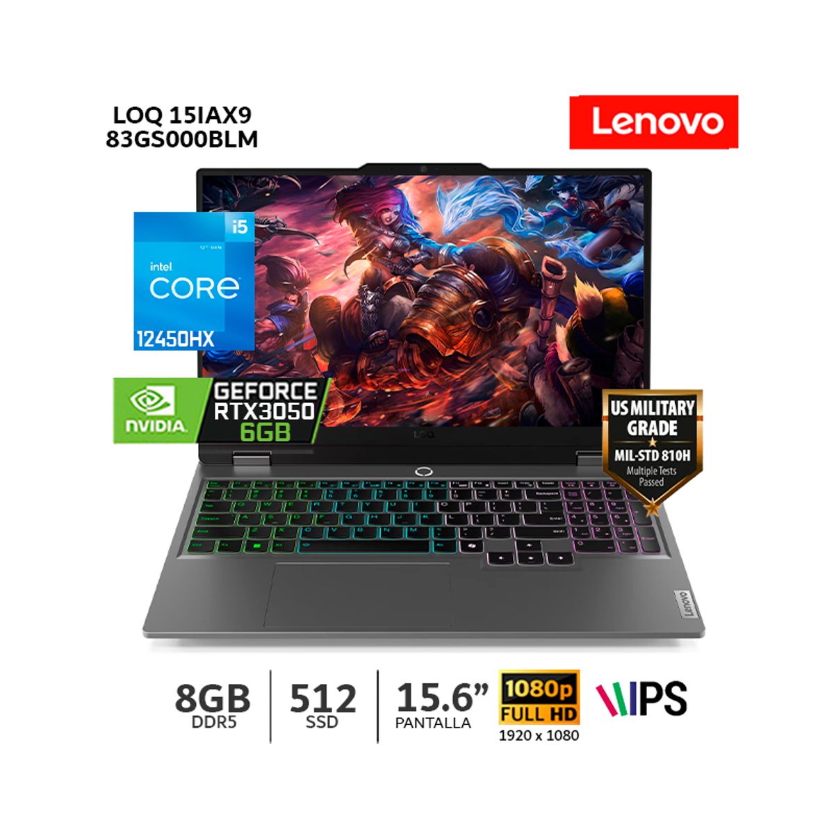 LENOVO - Laptop Lenovo LOQ 15IAX9 Core i5-12450HX 8Gb Ram 512Gb SSD 156 FHD RTX3050-6Gb-WIN11-83GS000BLM