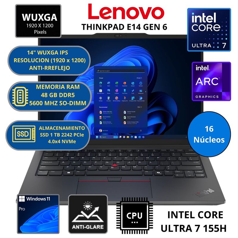 LENOVO - LAPTOP LENOVO THINKPAD E14 GEN 6 CORE ULTRA 7-RAM 48 GB SSD 1 TB 14" WUXGA WINDOWS 11