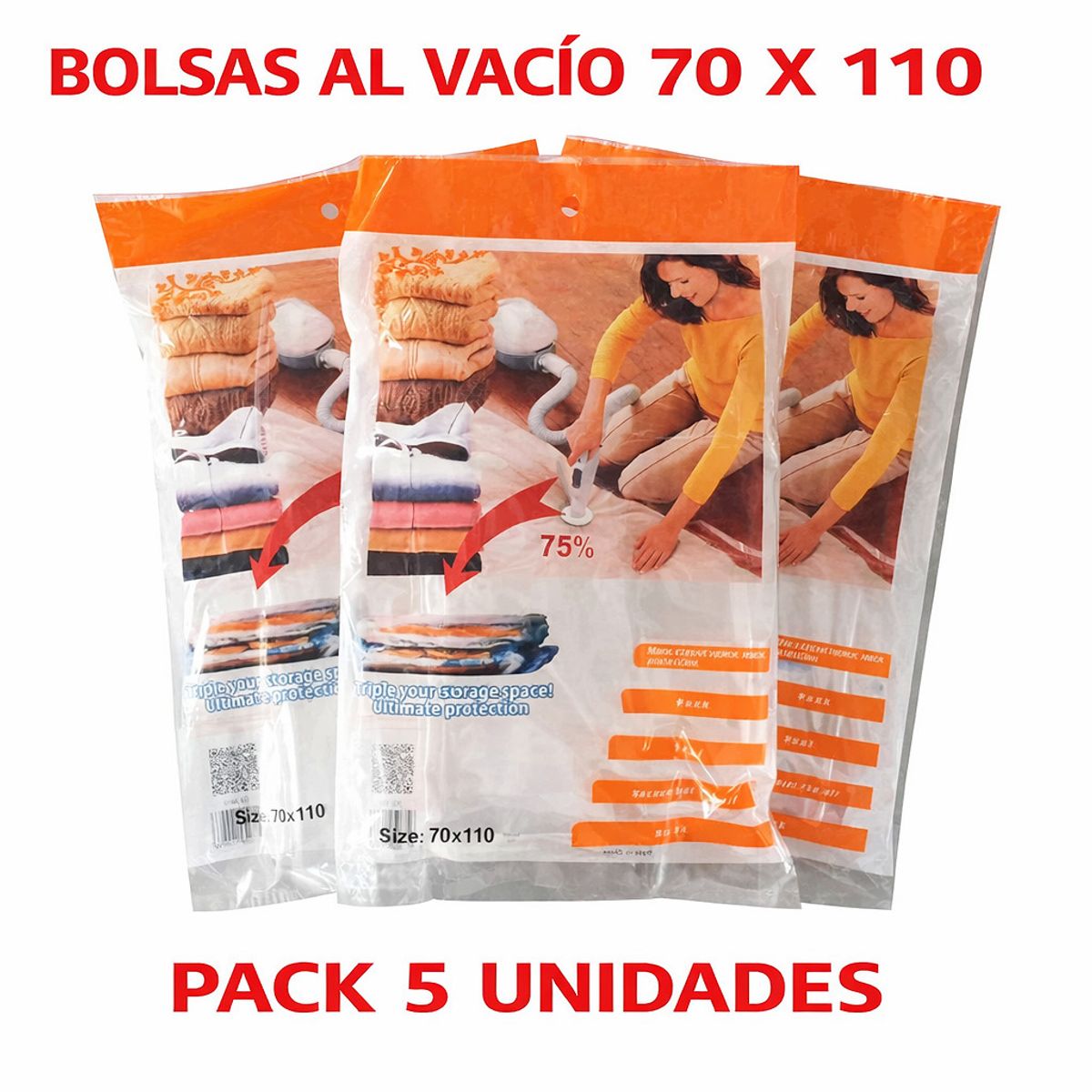 GENERICO - BOLSAS AL VACIO ALMACENAMIENTO VIAJES ROPA FRAZADAS COLCHAS 70x110CM CON VÁLVULA PACK X5