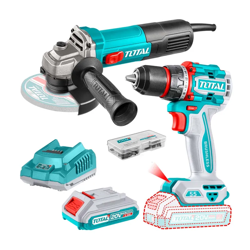 TOTAL TOOLS - TALADRO ATORNILLADOR  + AMOLADORA ANGULAR + ACC INDUSTRIA TOTAL