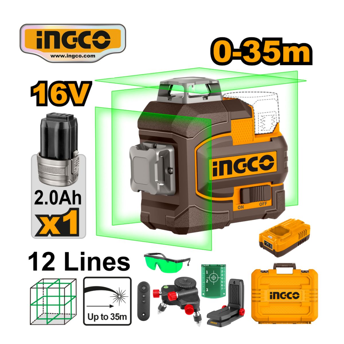 INGCO TOOLS - HLL301201 NIVEL LASER VERDE 3D + ACCESORIOS