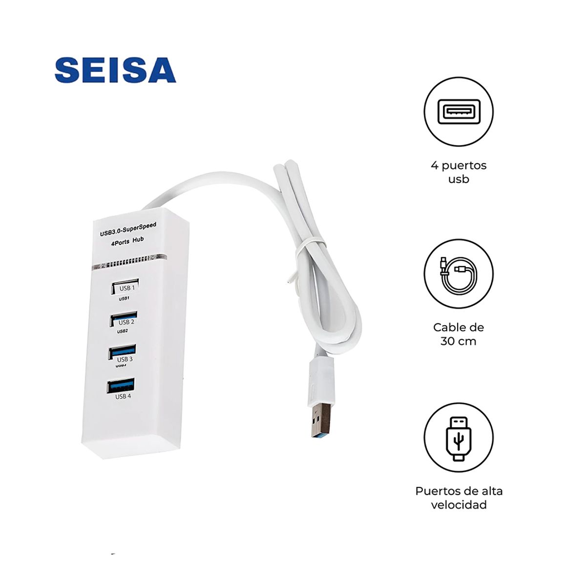 SEISA - Hub 4 Puertos Usb 3.0 De Alta Velocidad 5 Gbps Cqt-043 Blanco