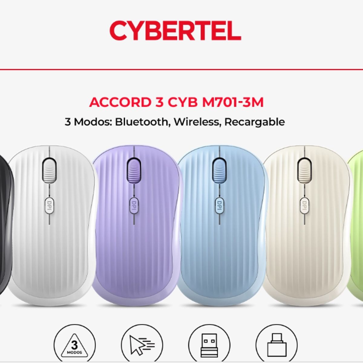 CYBERTEL - Mouse 3 Modos:BT/Inalámbrico/Recargable Negro Cybertel Accord M701-3M