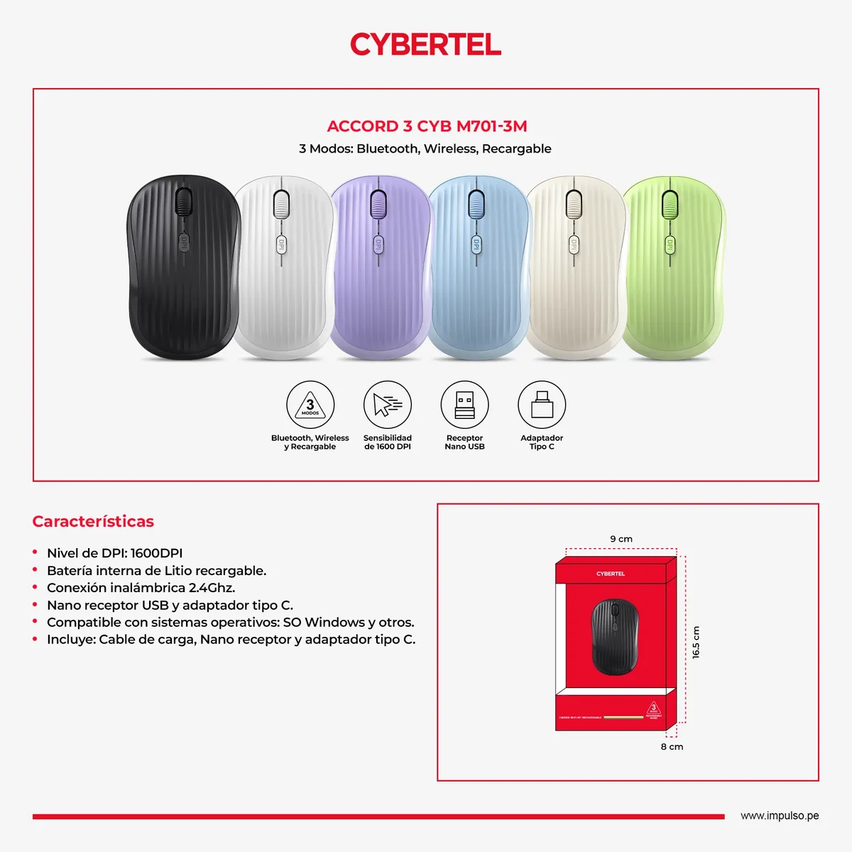 CYBERTEL - Mouse 3ModosBTInalámbrico Recargable Morado Cybertel Accord M701-3M