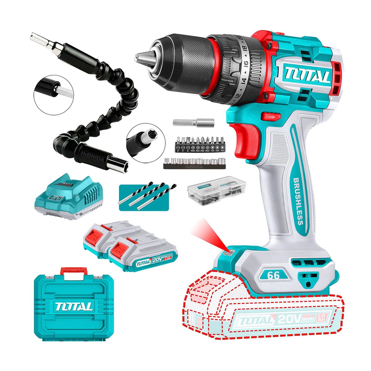 TOTAL TOOLS - TALADRO PERCUTOR 13MM BRUSHLESS TOTAL + EXTENSOR