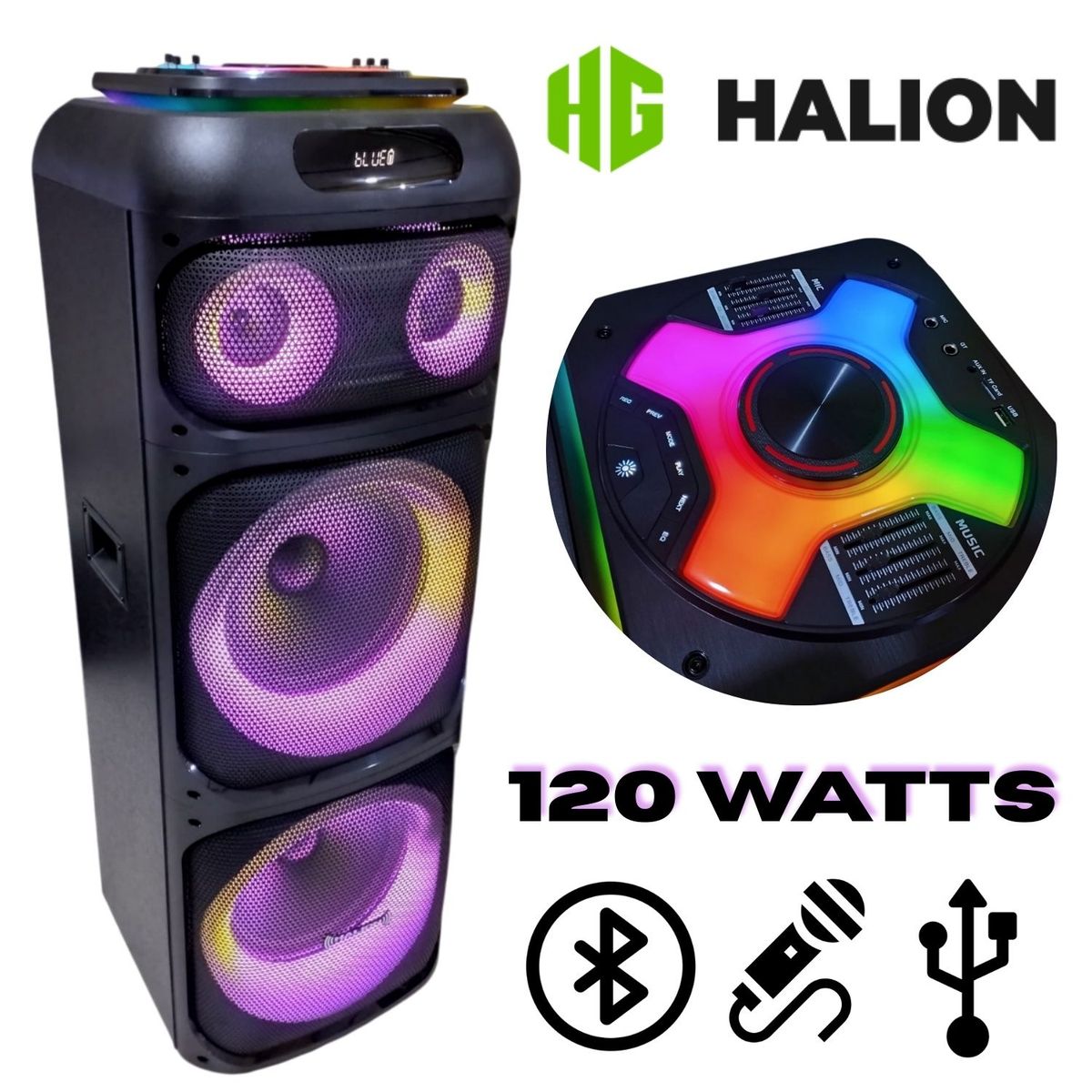 HALION - Parlante Halion Monster HA-1242  2x12" Bluetooth con Luces RGB 120 W