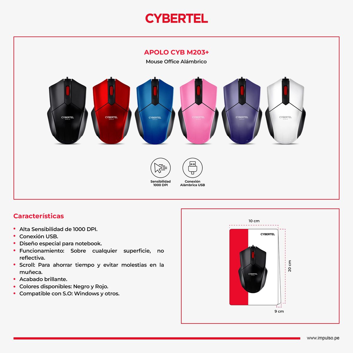 CYBERTEL - Mouse Oficina Alámbrico 1000DPI Rojo Cybertel Apolo CYB M203+
