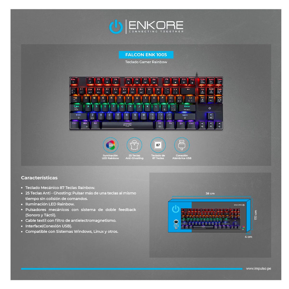 ENKORE - FALCON 87 ENK1005 TECLADO GAMER MECANICO USB RAINBOW ENKORE