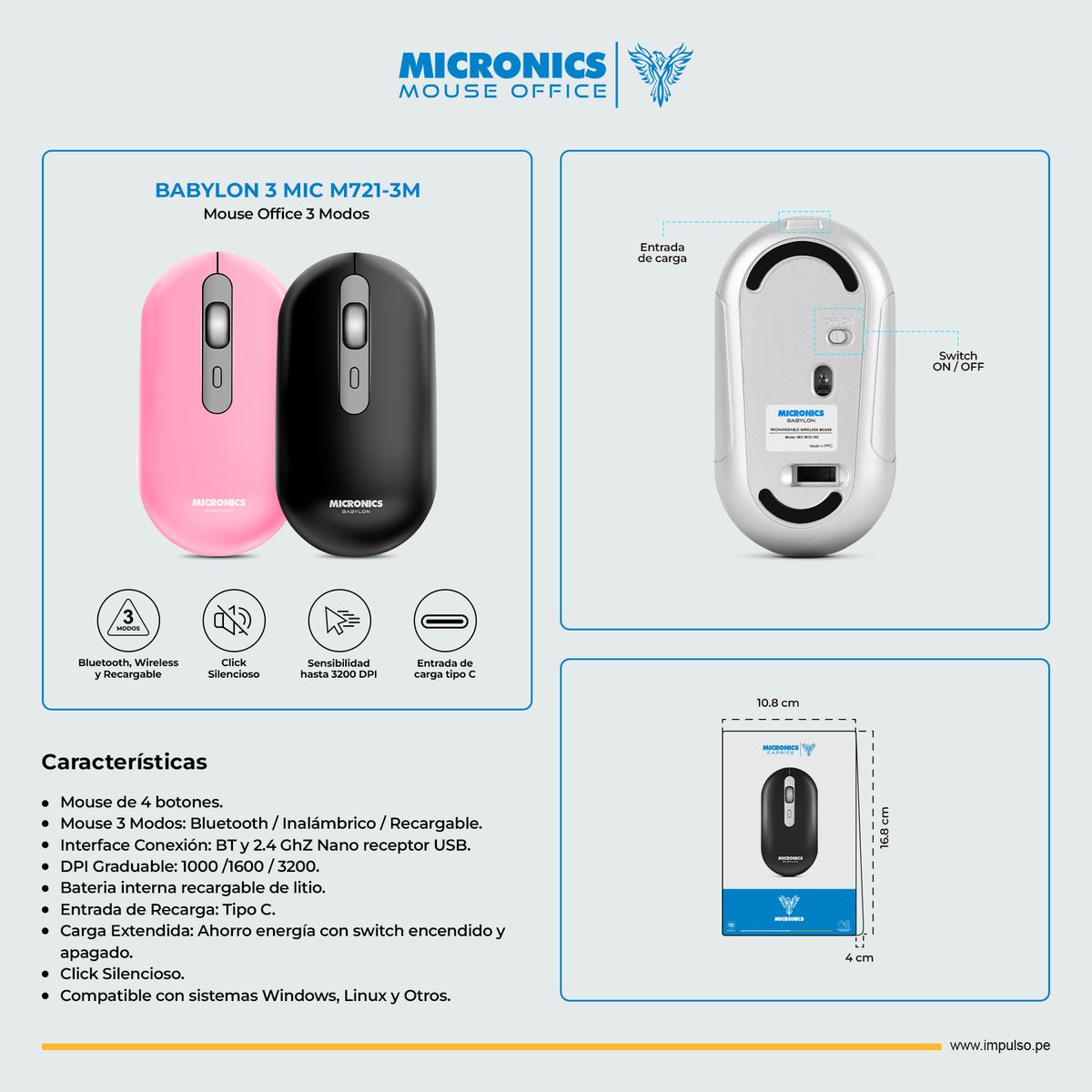 MICRONICS - Mouse 3ModosBTInalámbricoRecargable Micronics Babylon3 M721-3m