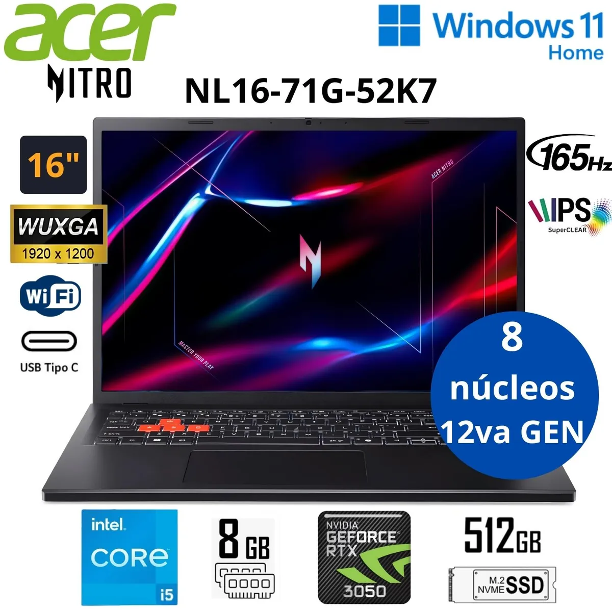 ACER - Laptop Gamer ACER NITRO LITE Intel Core i5 RTX 3050 8GB RAM 512GB SSD 16” W11 Home NL16-71G-52K7