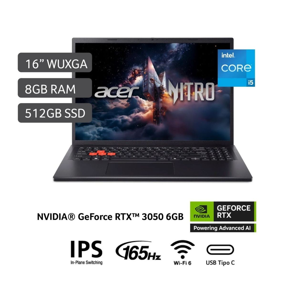 ACER - Laptop Gamer ACER NITRO LITE Intel Core i5 RTX 3050 8GB RAM 512GB SSD 16” W11 Home NL16-71G-52K7