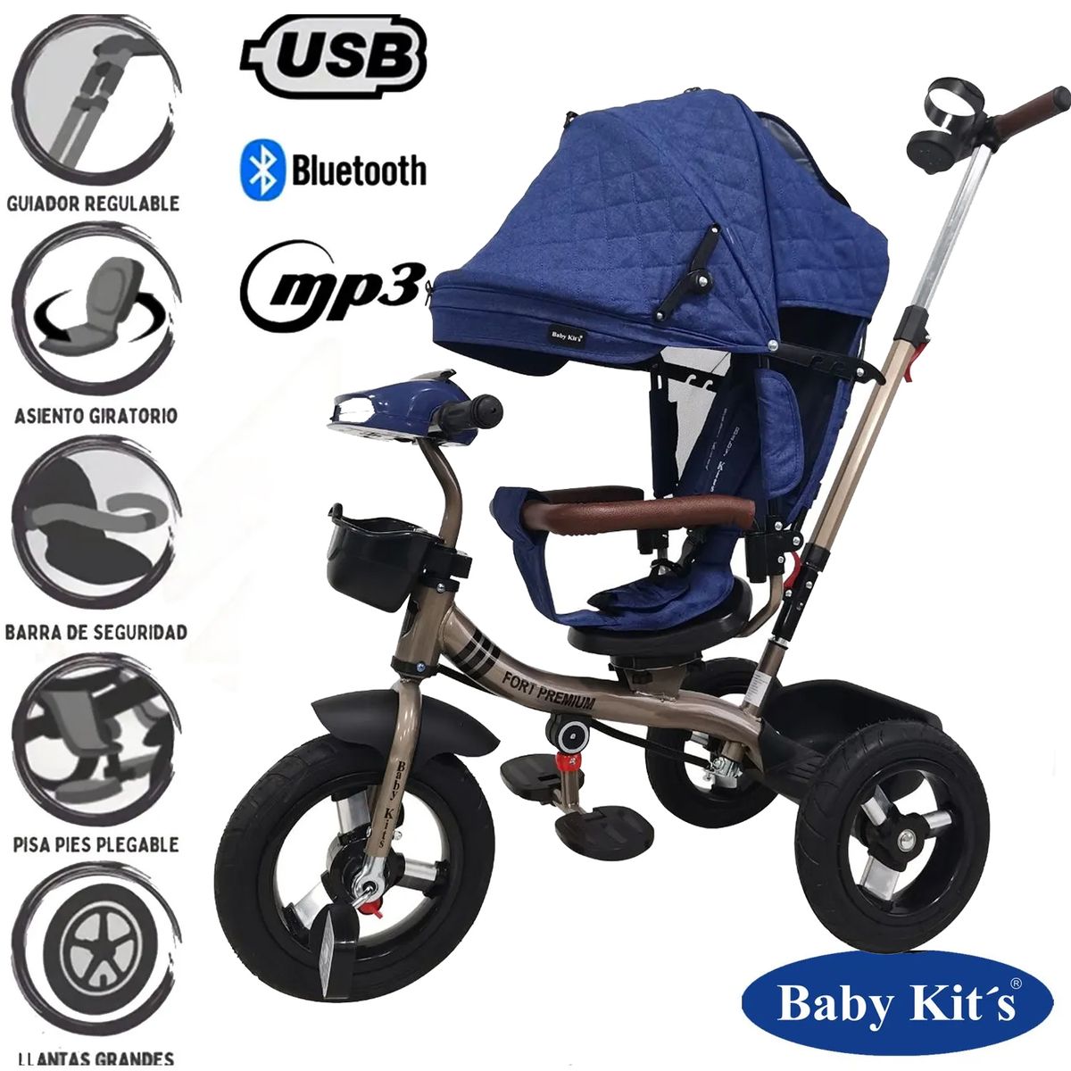 BABY KITS - Triciclo Guiador 5 en 1 FORT PREMIUM GOLD USB Azul
