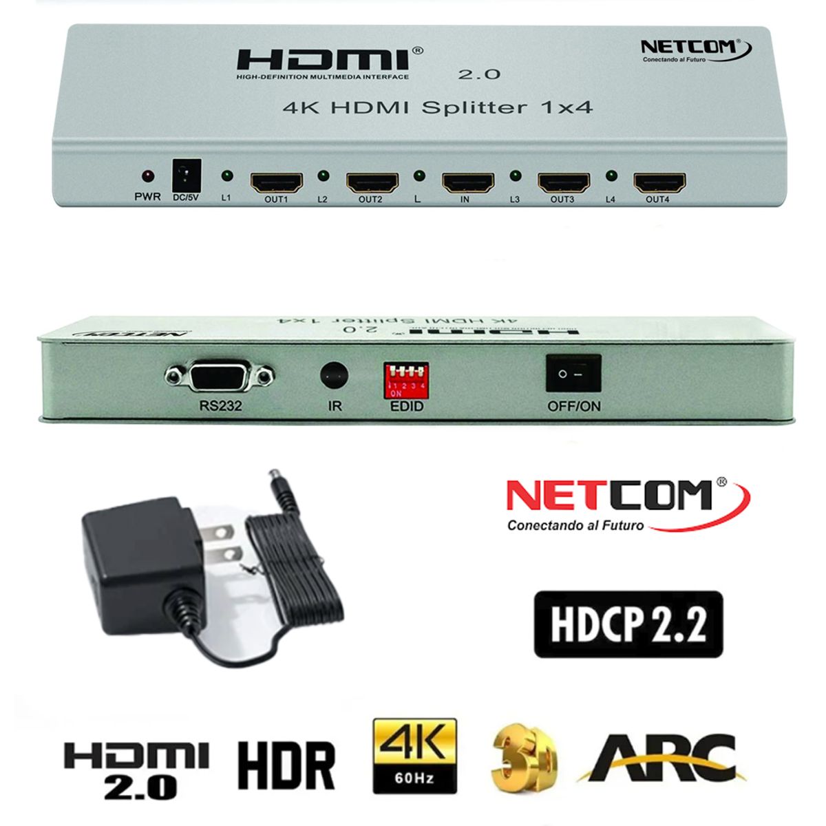 NETCOM - Splitter HDMI 1x4 Metalico 2.0 4K 60Hz 4 pantallas Ultra HD RS232