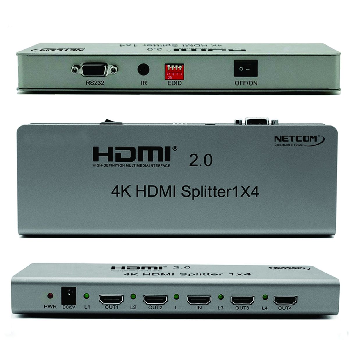NETCOM - Splitter HDMI 1x4 Metalico 2.0 4K 60Hz 4 pantallas Ultra HD RS232
