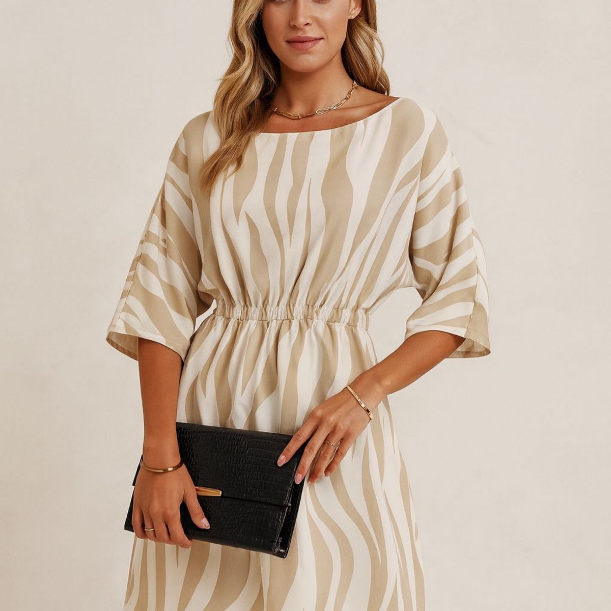 GENERICO - Vestido coctel rayas beige y blanco