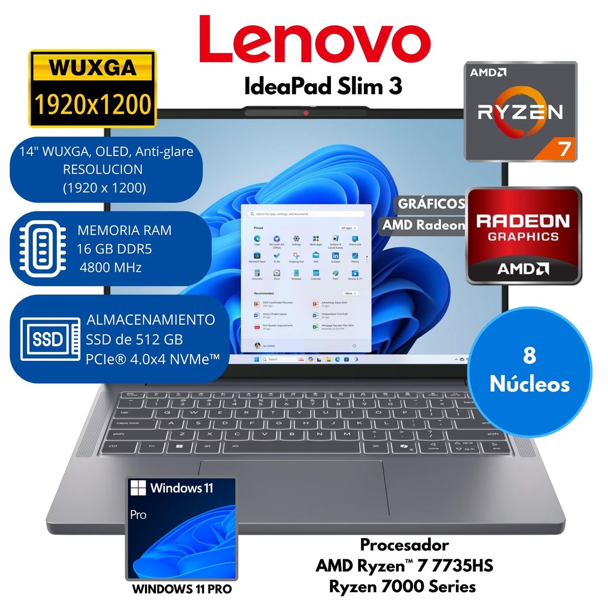 LENOVO - Laptop Lenovo IdeaPad Slim 3 AMD Ryzen 7 RAM 16 GB SSD 512 GB 14"OLED Windows 11 PRO
