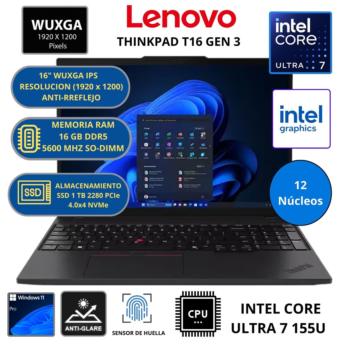 LENOVO - Laptop Lenovo INTEL CORE ULTRA 7(THINKPAD T16 GEN 3) RAM 16 GB SSD 1 TB 16" WUXGA WINDOWS 11