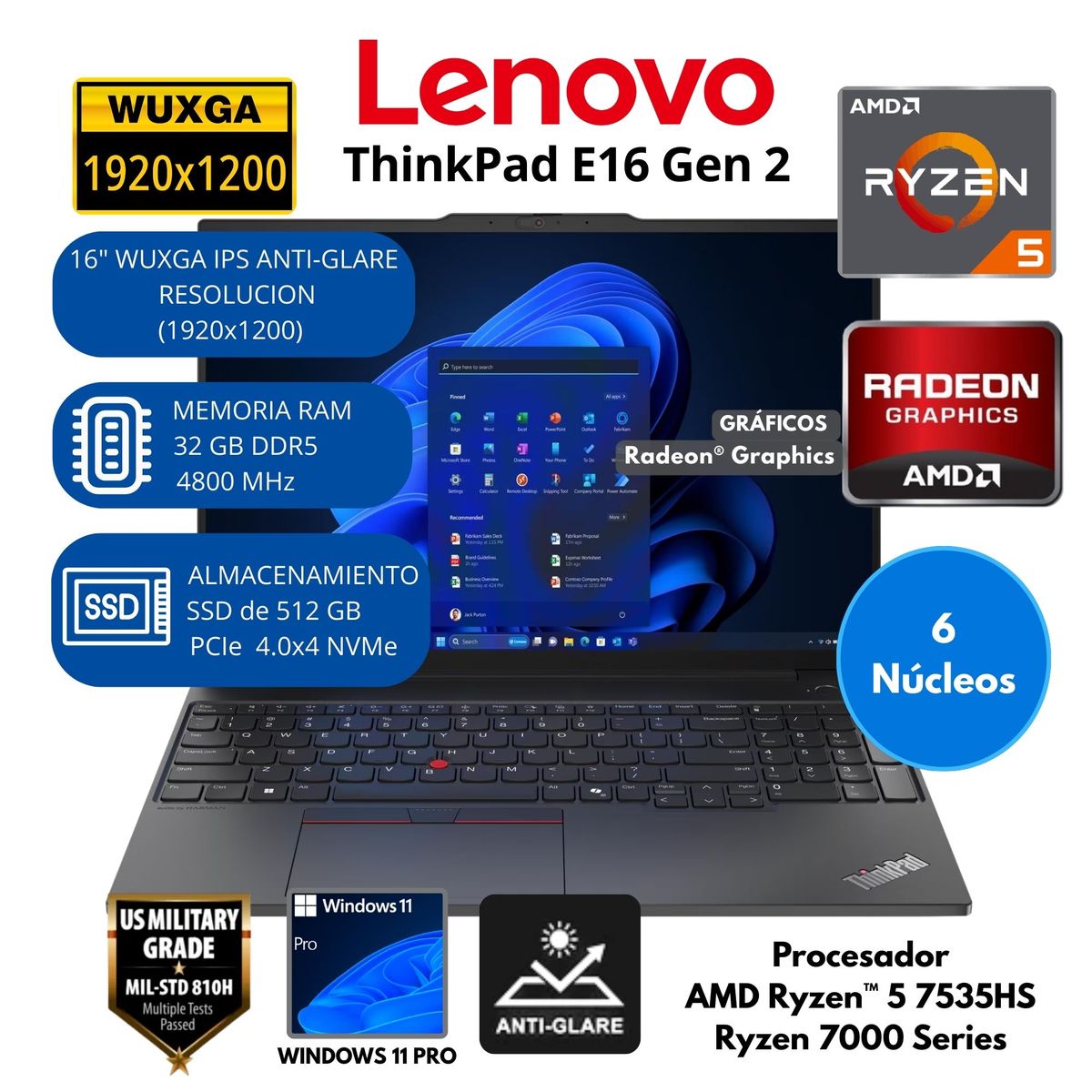 LENOVO - Laptop Lenovo ThinkPad AMD Ryzen 5 (E16 Gen 2) RAM 32 GB SSD 512 GB 16"WUXGA Windows 11 PRO