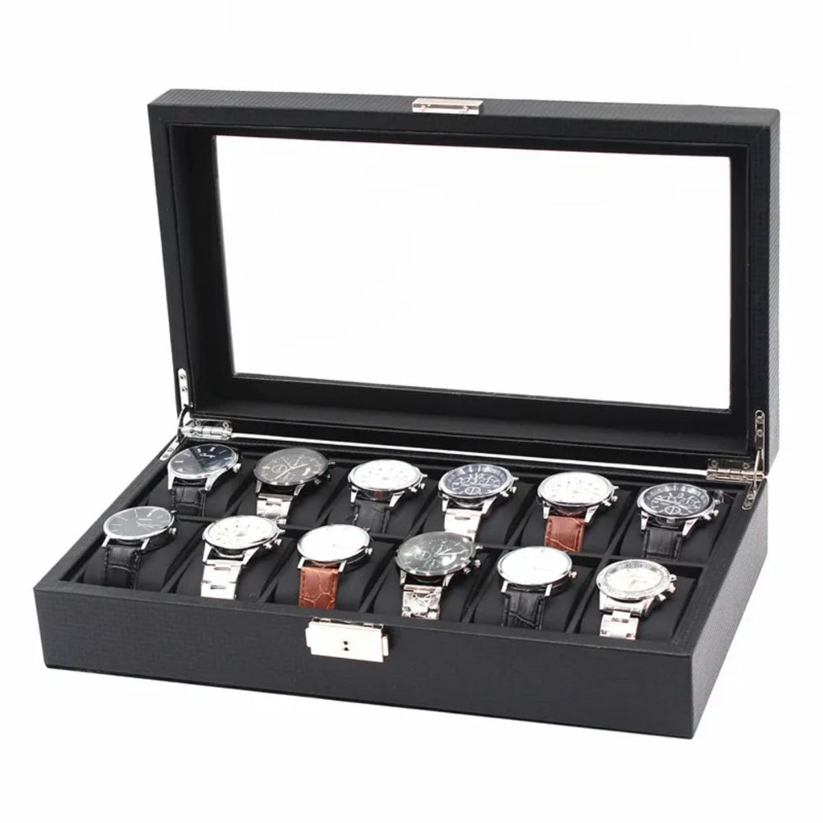 GENERICO - Organizador de 12 Relojes con Detalles en Fibra de Carbono MOD2