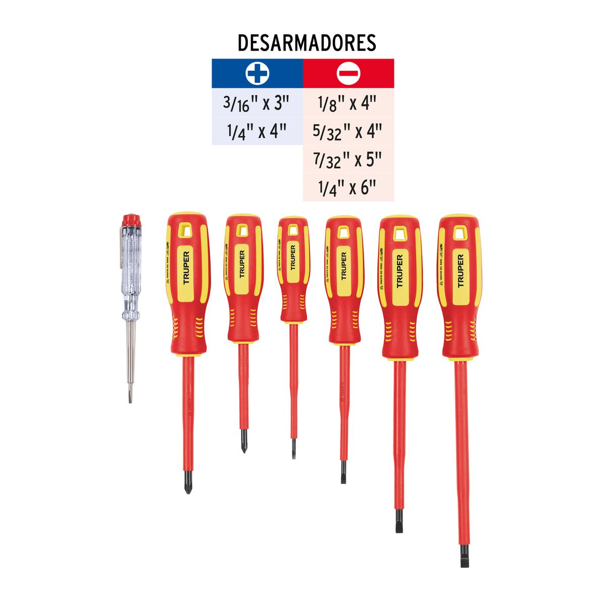 TRUPER - Juego 6 desarmadores dieléctricos y 1 probador de corriente, Truper