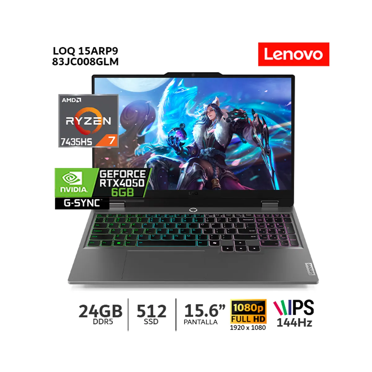 LENOVO - Laptop Lenovo LOQ 15ARP9 AMD Ryzen 7-7435HS 24Gb Ram/ 512Gb SSD/ 15.6 FHD/ RTX4050-6GB - 83JC008GLM