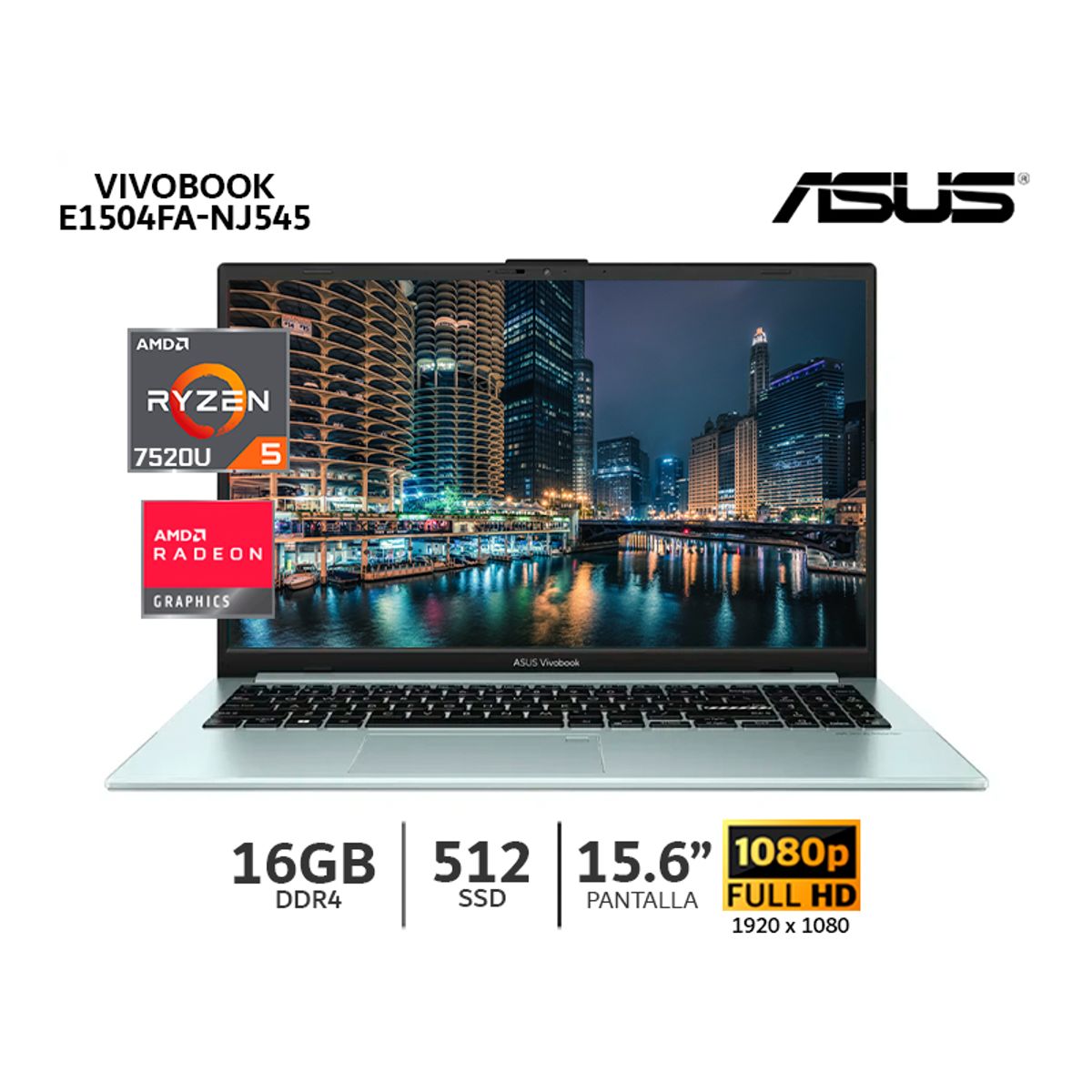 ASUS - Laptop Asus Vivobook E1504FA-NJ545 AMD Ryzen 5-7520U 16Gb Ram/ 512Gb SSD/ 15,6 FHD-Grey Green