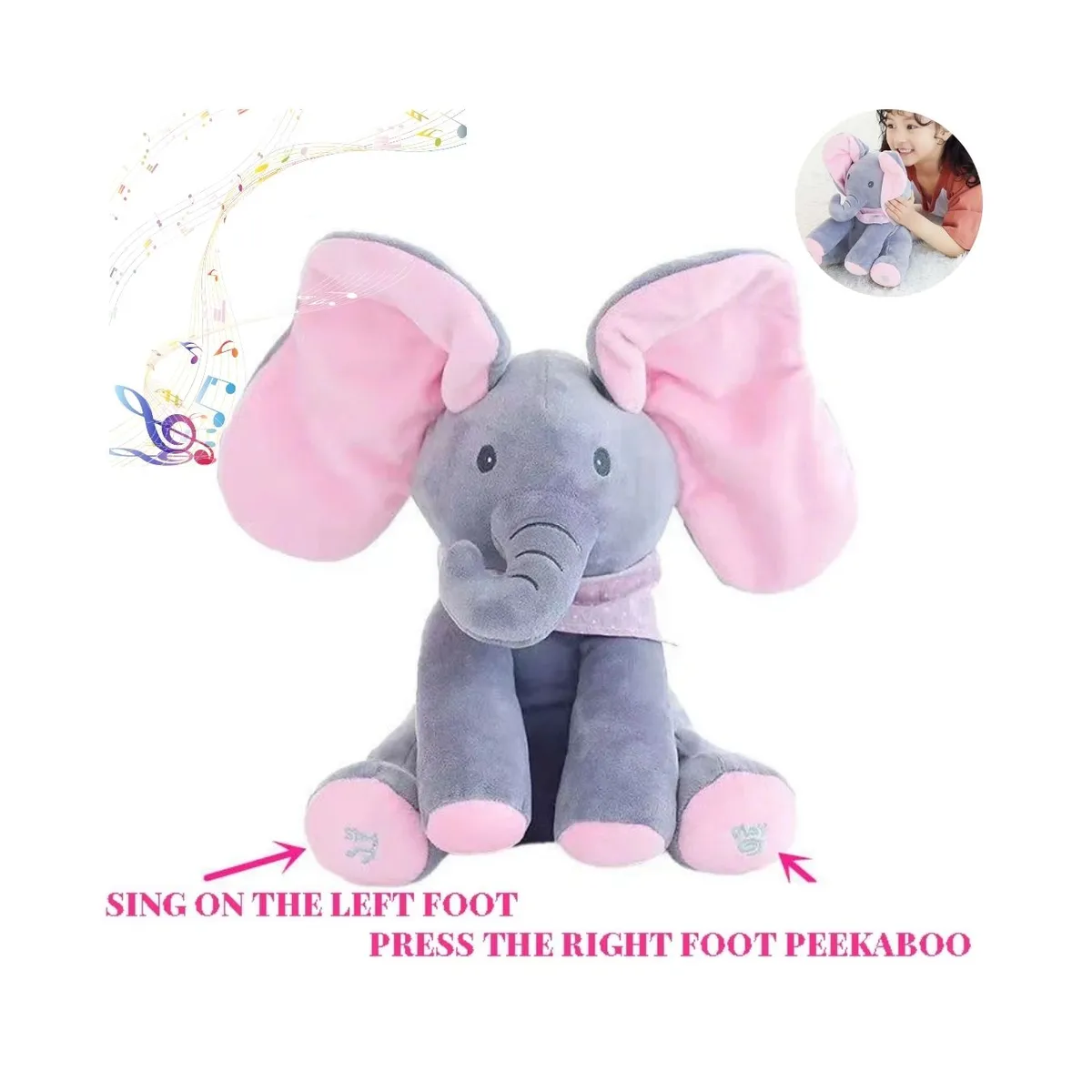 GENERICO - Elefante Musical de Peluche con Orejas Rosa que se Mueven