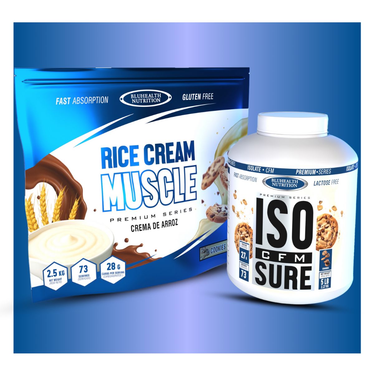 GENERICO - ISO CFM SURE 5 LB Cookie + Crema de arroz 2.5 kg Bluhealth Cookie + shaker + Portaproteina