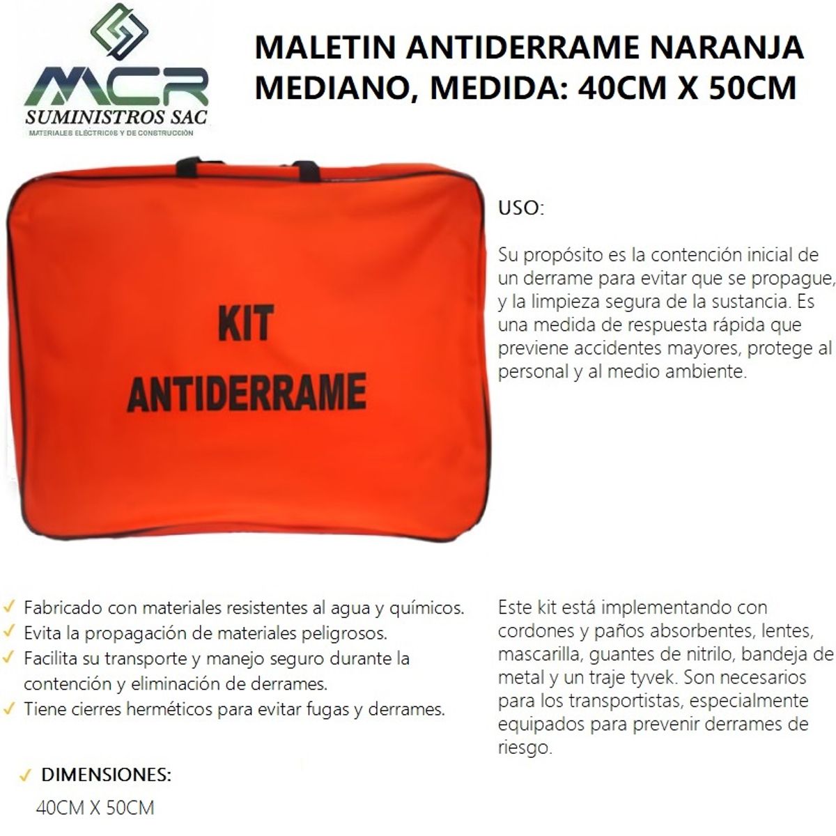 GENERICO - MALETIN KIT ANTIDERRAME NARANJA MEDIANO MEDIDA 40X50 CM