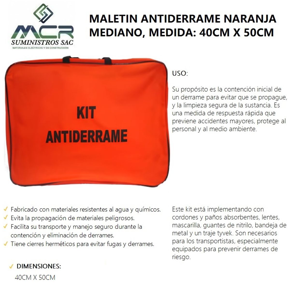 GENERICO - MALETIN KIT ANTIDERRAME NARANJA MEDIANO MEDIDA 40X50 CM