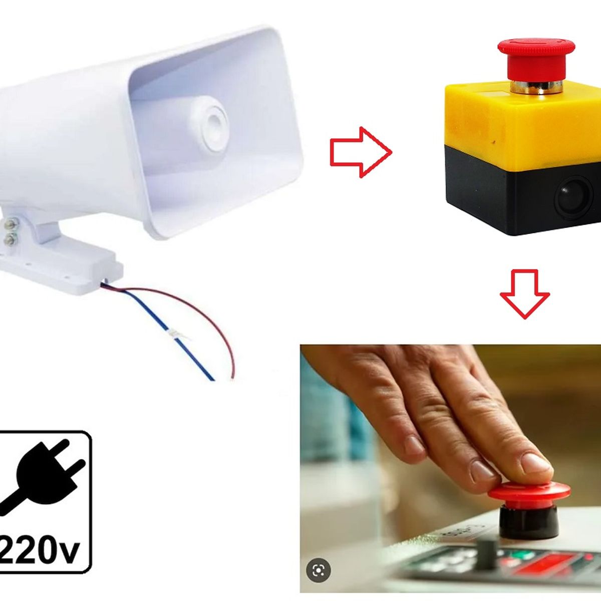 OPALUX - Sirena Blanca 90w + Botón Pánico Kit Seguridad Alarma 220v 2 tonos