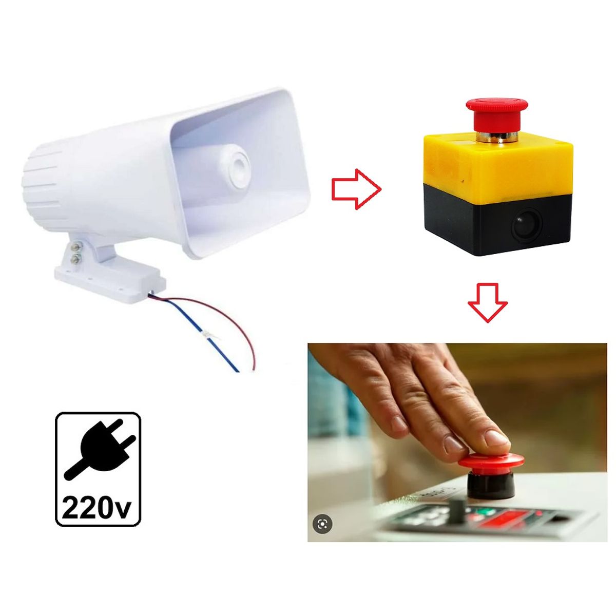 OPALUX - Sirena Blanca 90w + Botón Pánico Kit Seguridad Alarma 220v 2 tonos