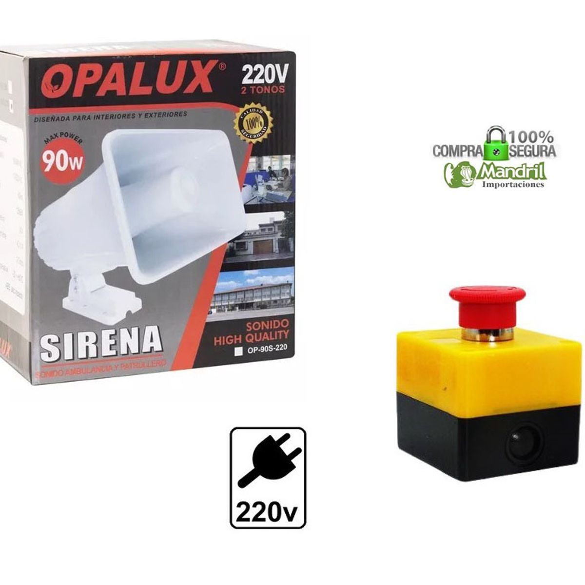 OPALUX - Sirena Blanca 90w + Botón Pánico Kit Seguridad Alarma 220v 2 tonos